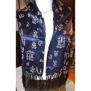 Womens Japanese Scarf / Wrap w Fringe Navy blue / white 60"